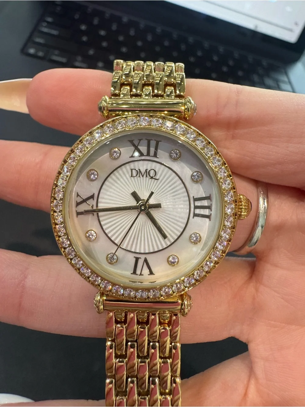 NWT DMQ Women’s Gold-Tone Round Dress Watch w/ Crystal Bezel & Bracelet